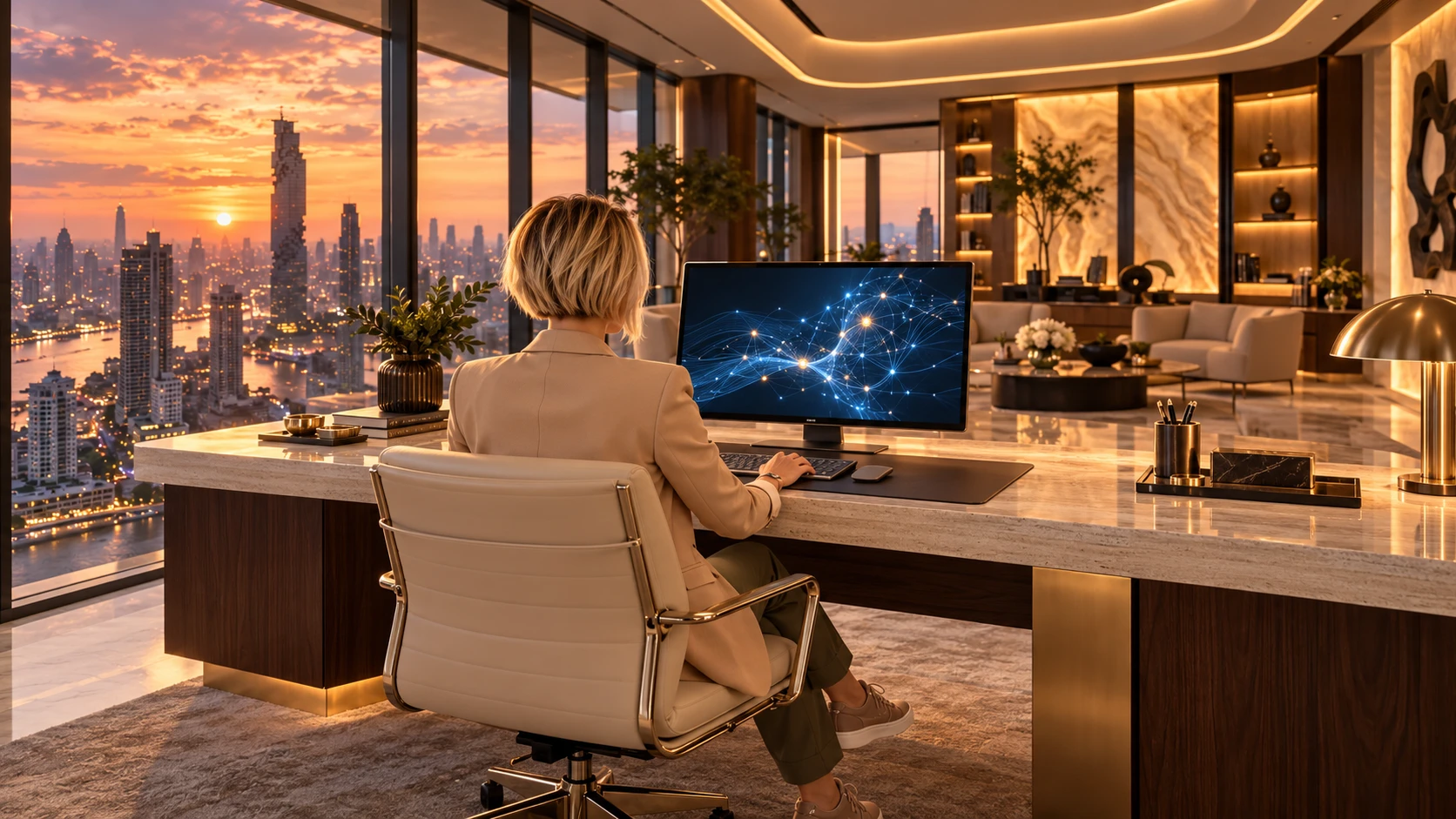 Mylène à son bureau face à Bangkok au coucher du soleil
